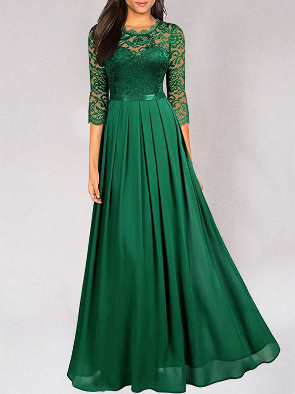 Women's 3/4 Sleeve High-Waisted Maxi Dress - Wedding Guest Dress with Pleated Skirt