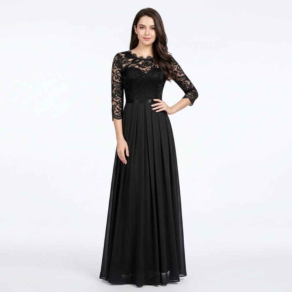 Women's 3/4 Sleeve High-Waisted Maxi Dress - Wedding Guest Dress with Pleated Skirt