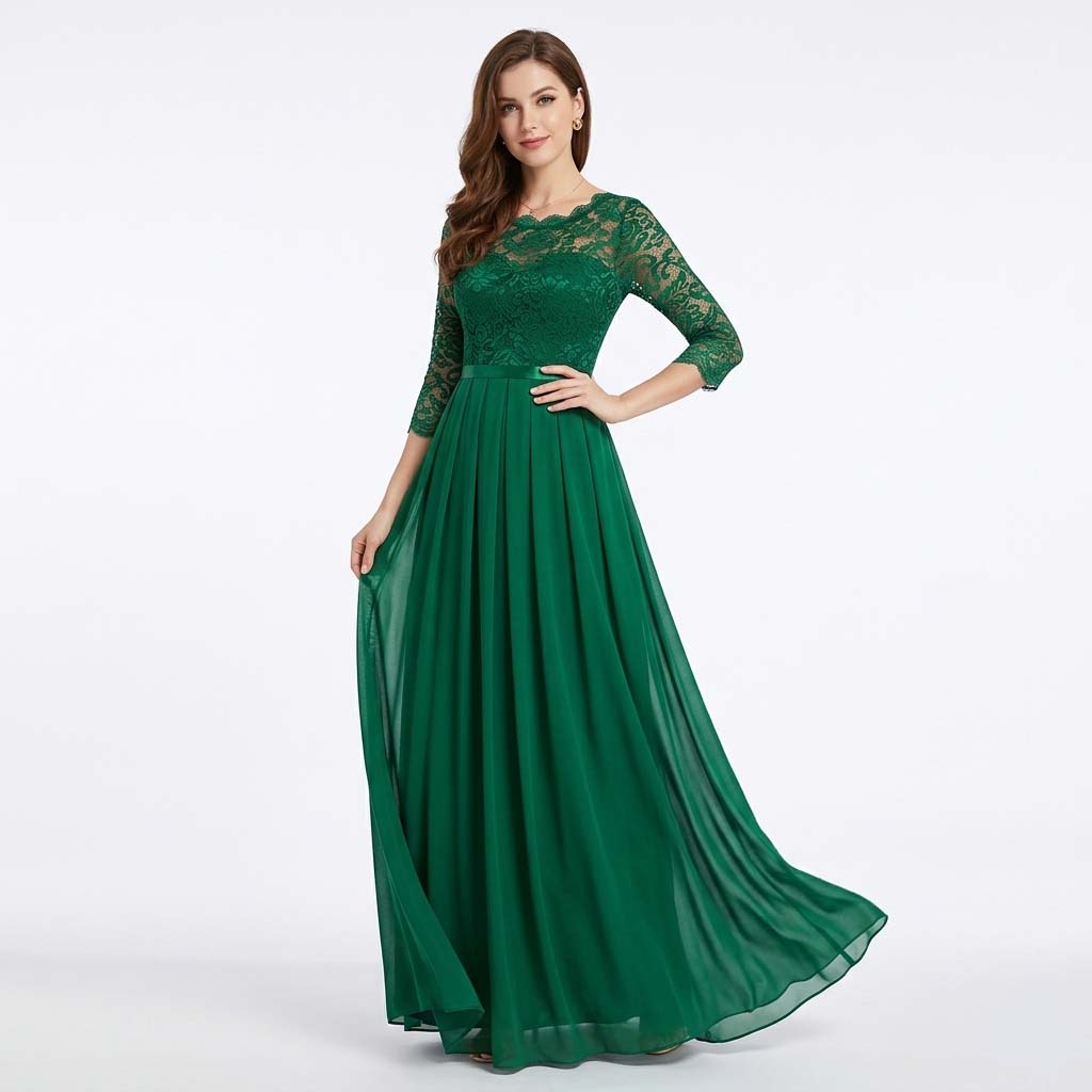 Women's 3/4 Sleeve High-Waisted Maxi Dress - Wedding Guest Dress with Pleated Skirt