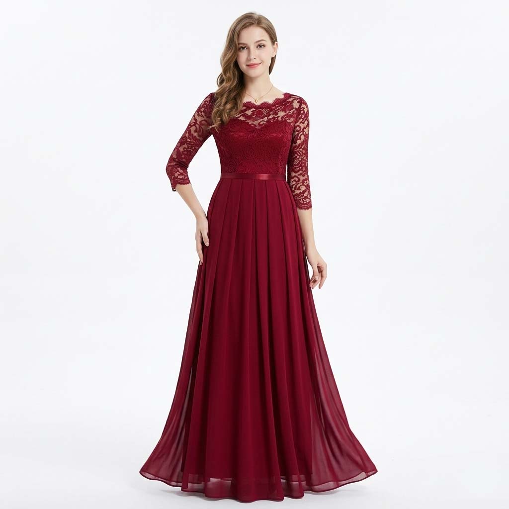 Women's 3/4 Sleeve High-Waisted Maxi Dress - Wedding Guest Dress with Pleated Skirt