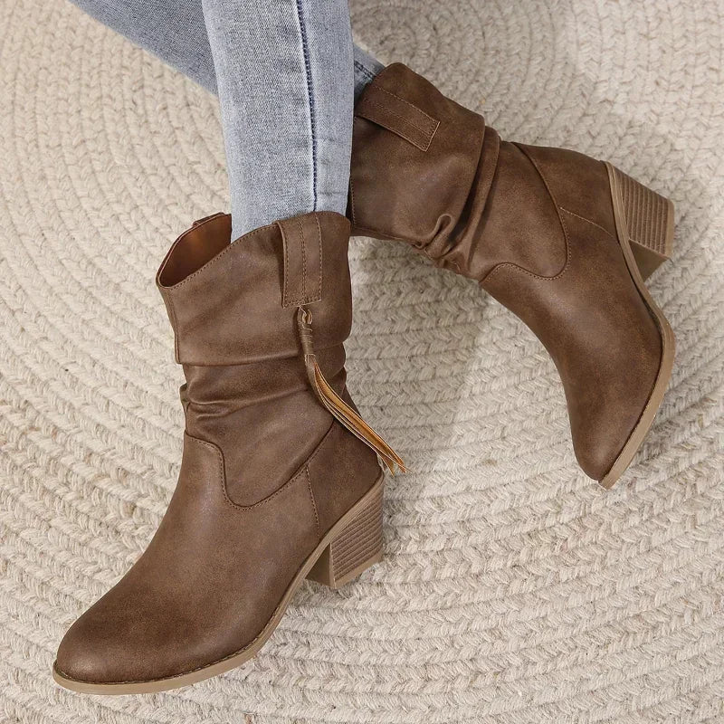 Women's Ankle Boots - Braided Strap and Tassel Detail Options