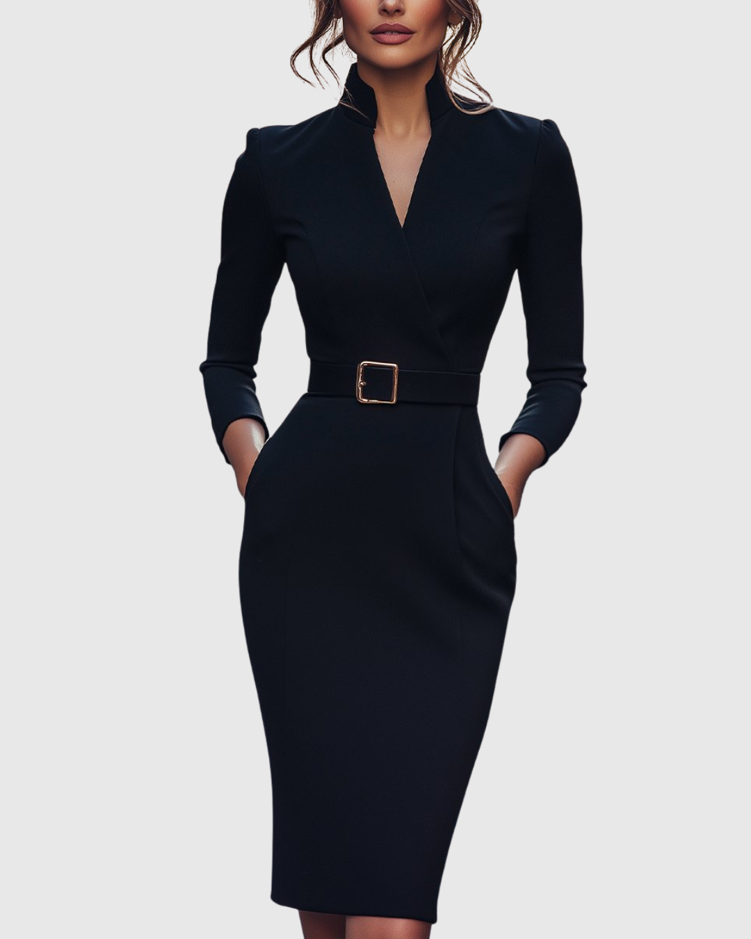 Women's Belted Bodycon Midi Dress - V-Neck and Three-Quarter Sleeves