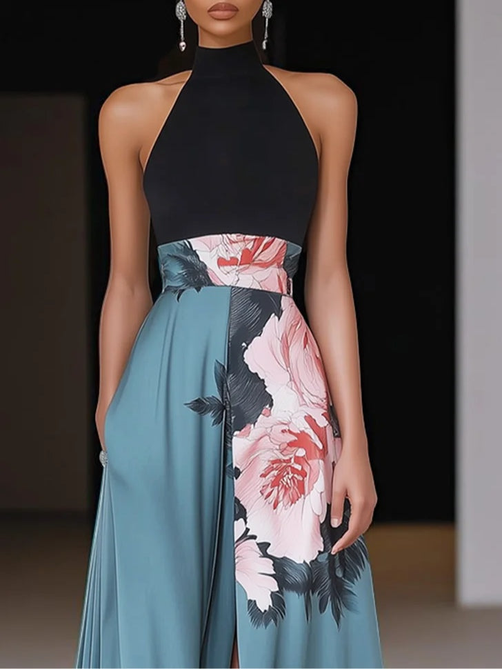 Women's Black Halter Maxi Dress High Neck A-Line Dress with Placement Floral Skirt