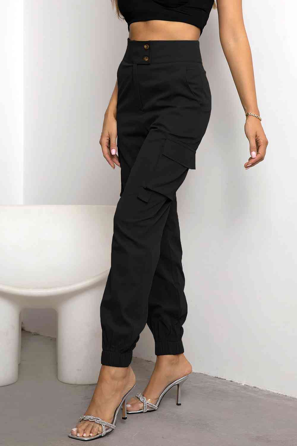 Women’s Black High-Waist Cargo Trousers - Smooth Weave Texture