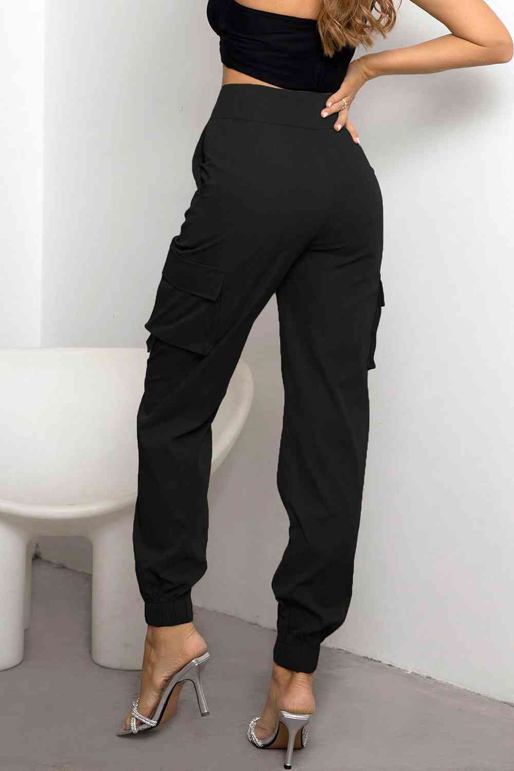 Women’s Black High-Waist Cargo Trousers - Smooth Weave Texture
