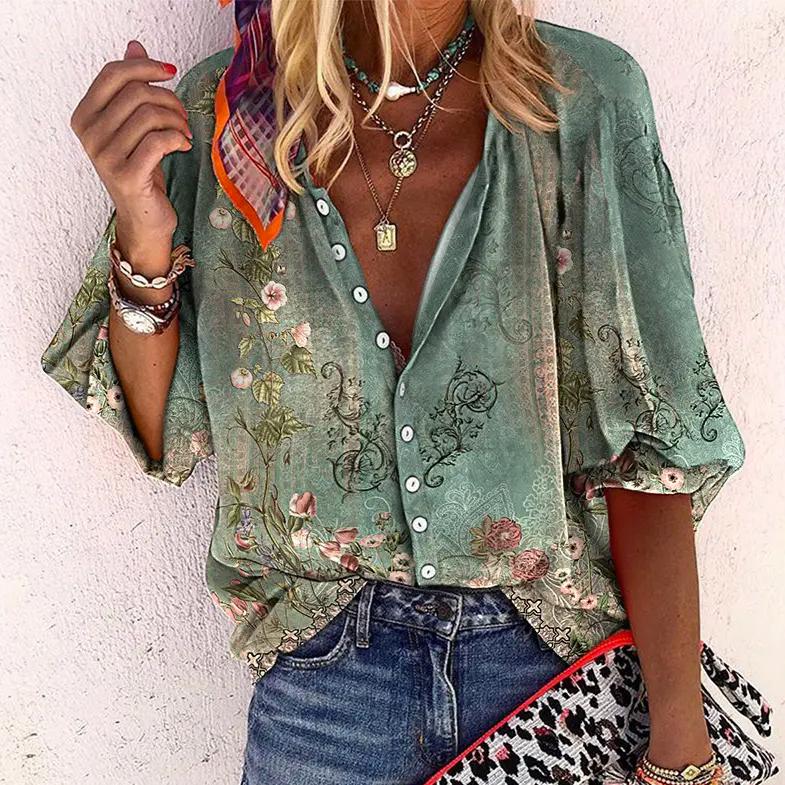 Women's Blouse Button Down Shirt with V Neck and Wide Three Quarter Sleeves