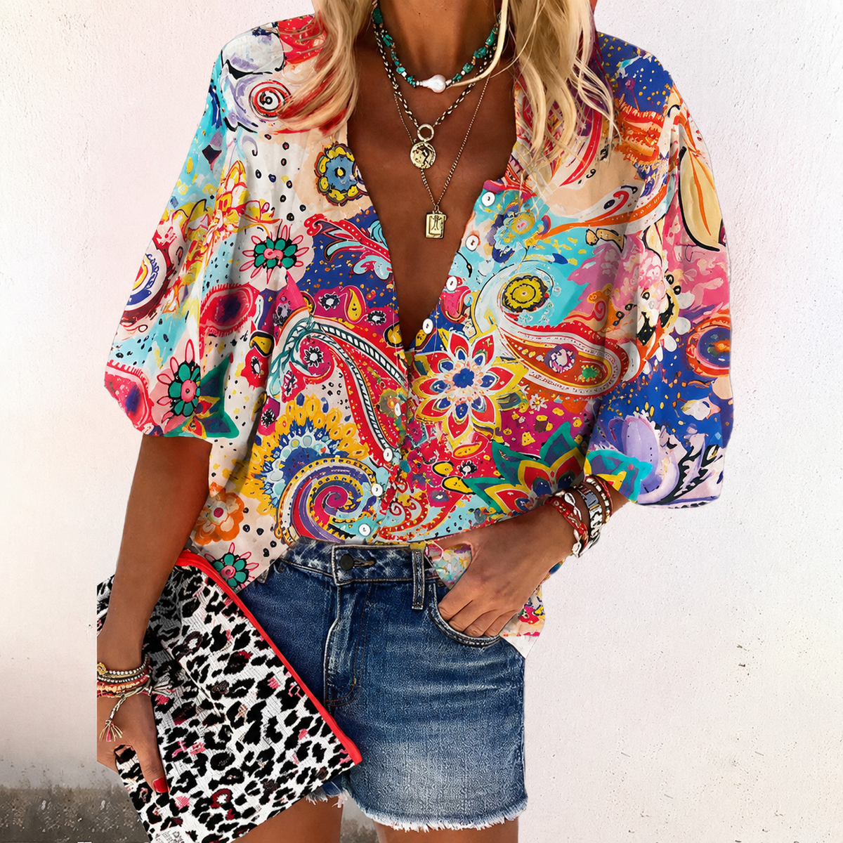 Women's Blouse Button Down Shirt with V Neck and Wide Three Quarter Sleeves