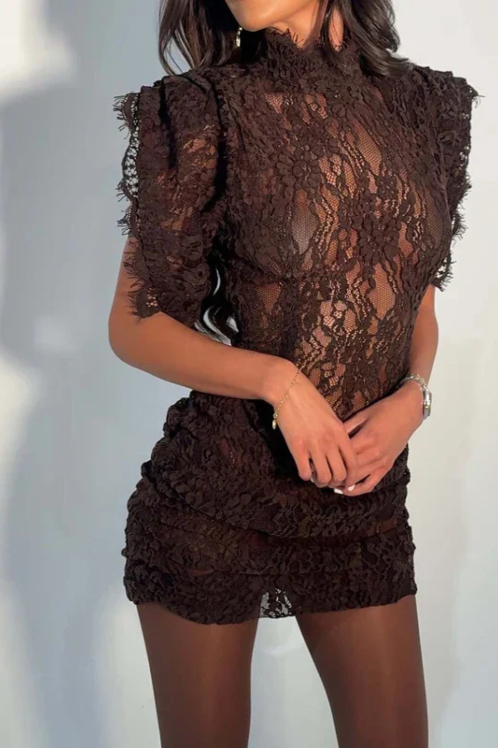 Women's Bodycon Mini Dress Lace High Neck Wedding Guest Party
