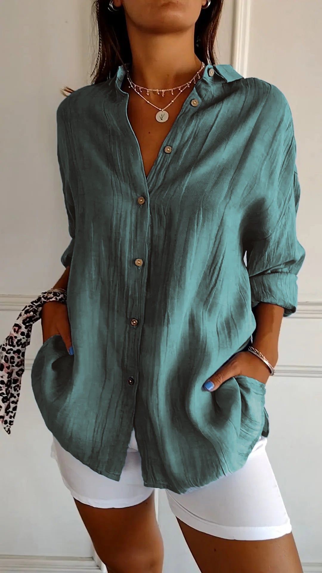 Women’s Button-Down Long Sleeve Blouse - Crinkled Linen Texture