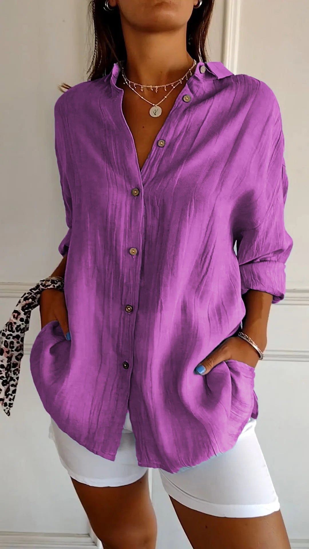 Women’s Button-Down Long Sleeve Blouse - Crinkled Linen Texture