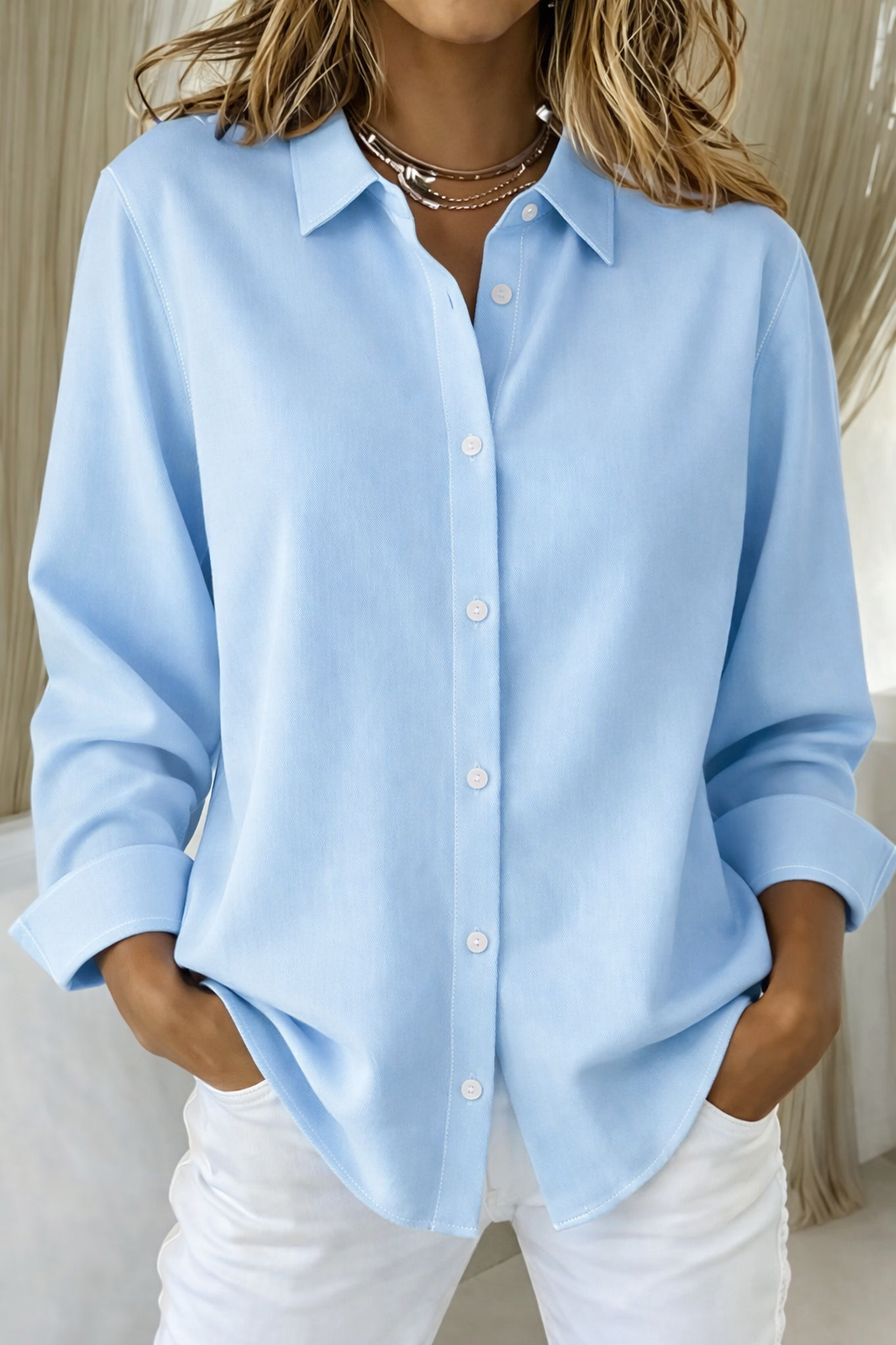 Women's Button Blouse Collared Long Sleeve Top