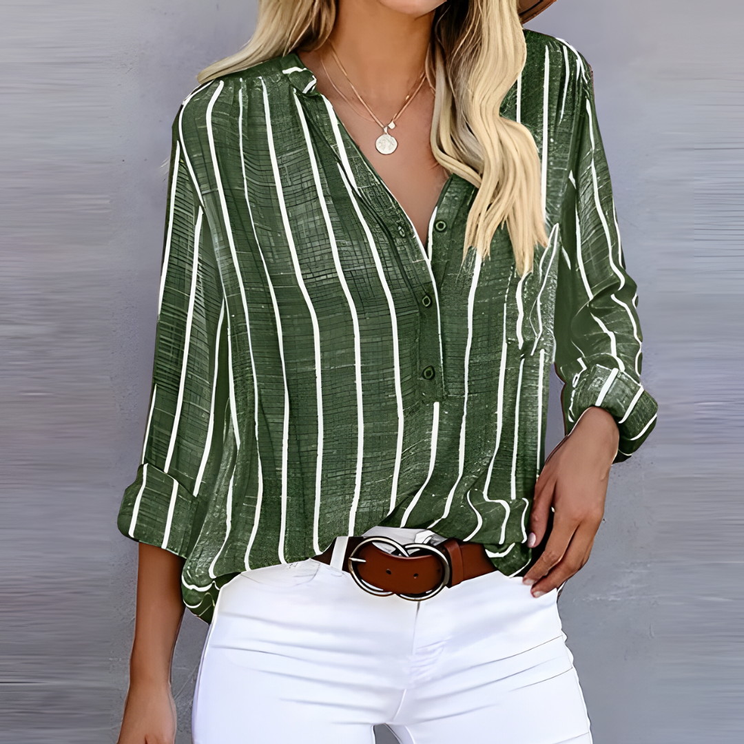 Women’s Button Down 3/4 Sleeves Blouse - Vertical Stripes Pattern