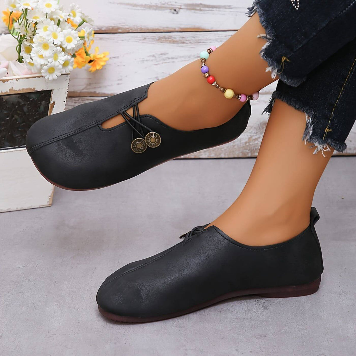 Women's Casual Flats - Matte Finish and Button Elastic Fastening Detail