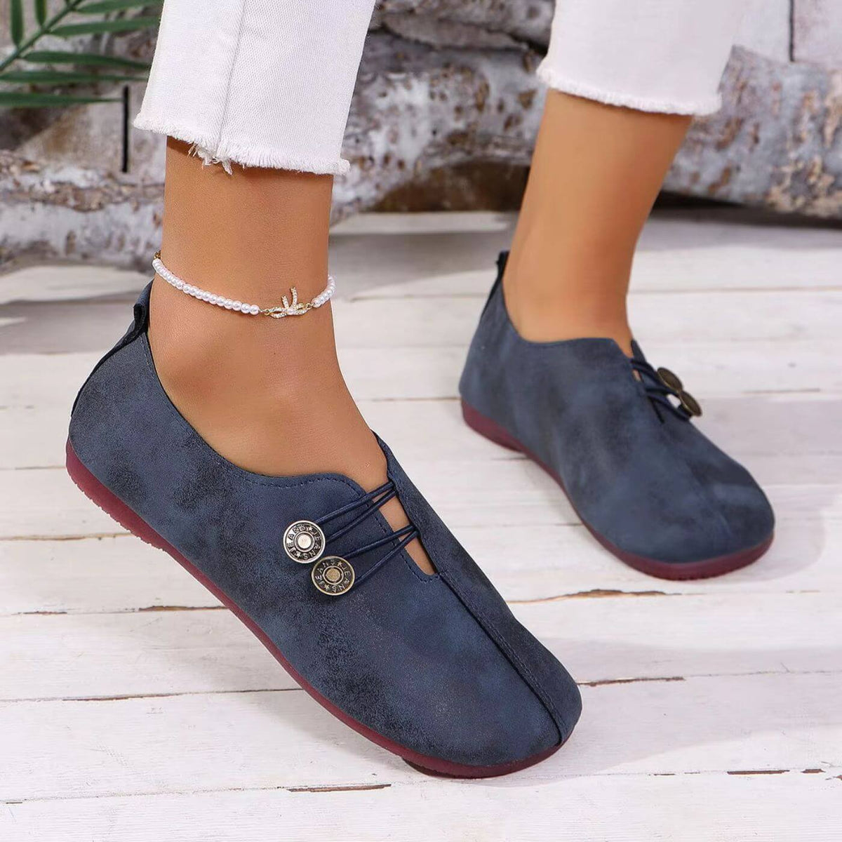 Women's Casual Flats - Matte Finish and Button Elastic Fastening Detail