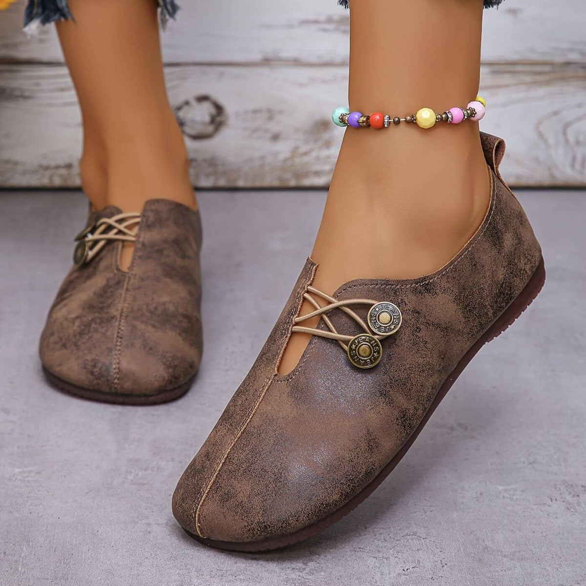 Women's Casual Flats - Matte Finish and Button Elastic Fastening Detail