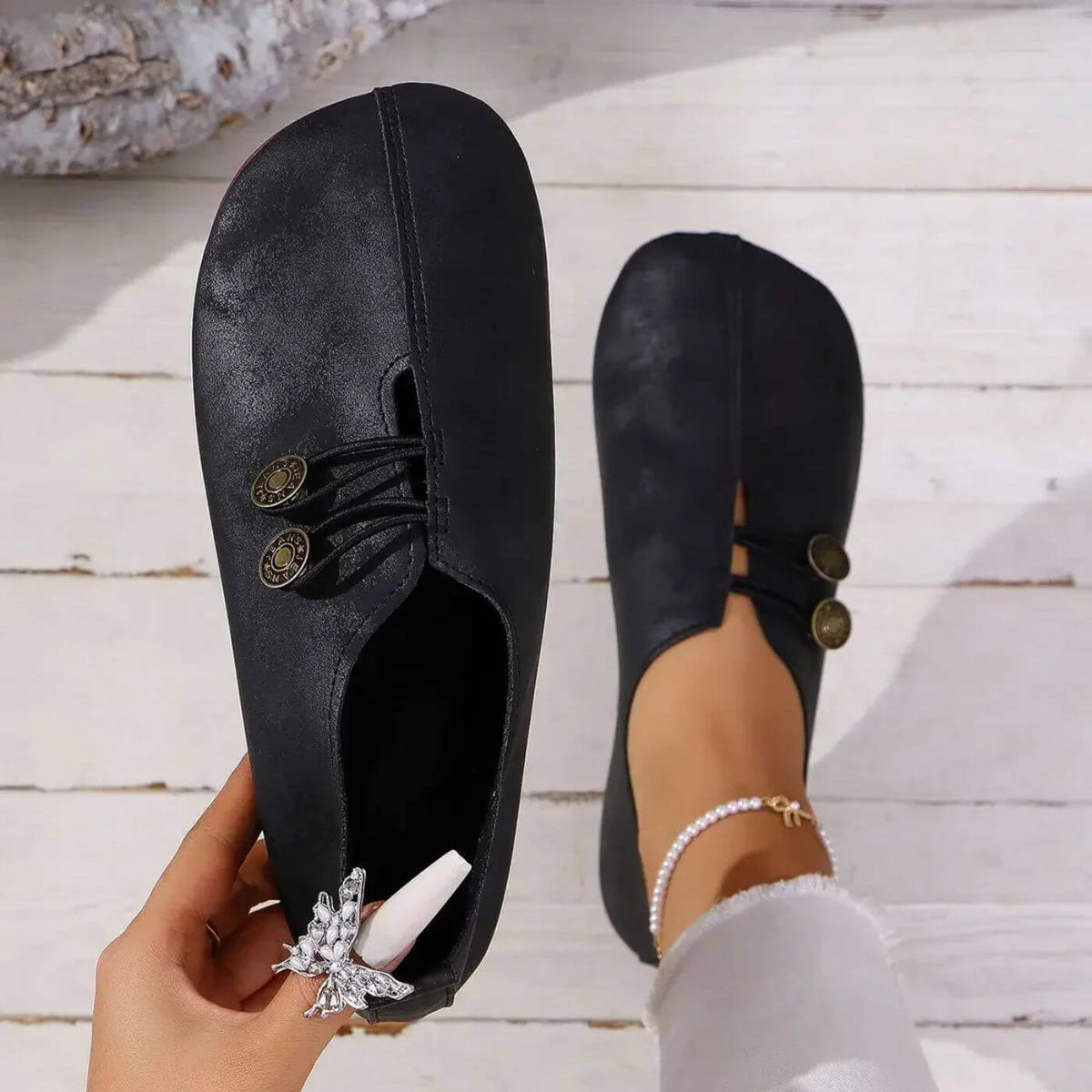 Women's Casual Flats - Matte Finish and Button Elastic Fastening Detail