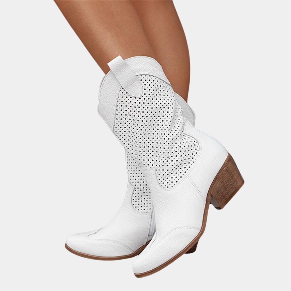 Women's Cowboy Boots Ankle Western Perforated Block Heel