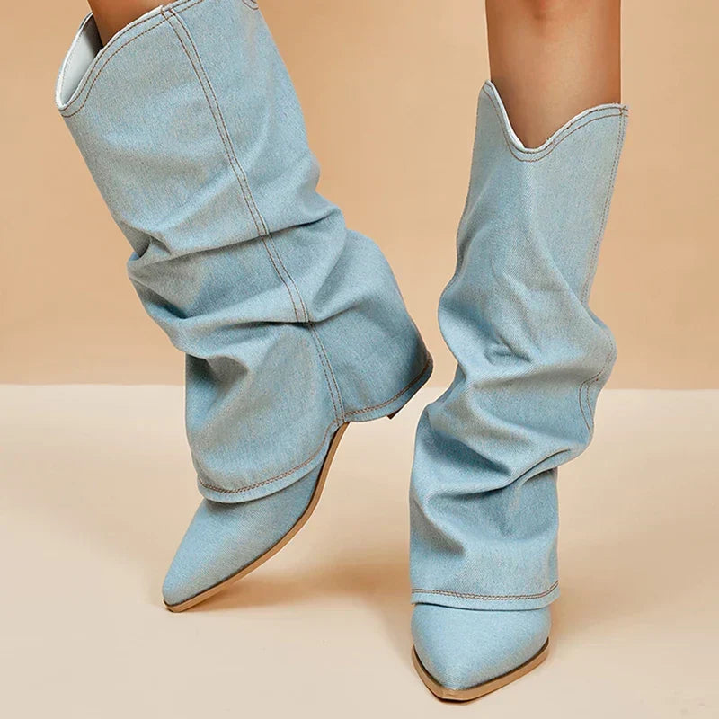 Women's Denim Fold Over Pointed Toe Knee High Boots