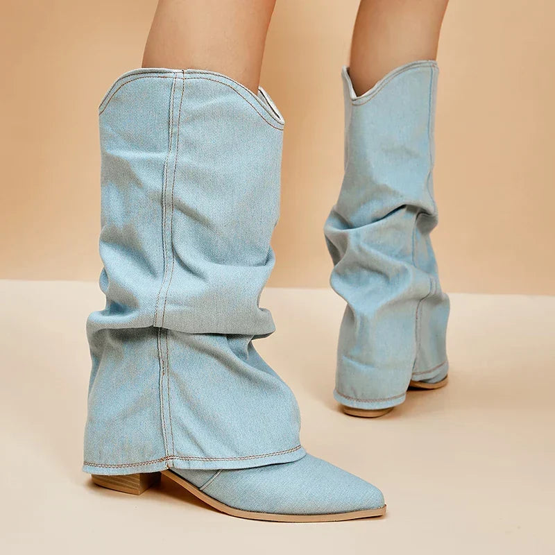 Women's Denim Fold Over Pointed Toe Knee High Boots