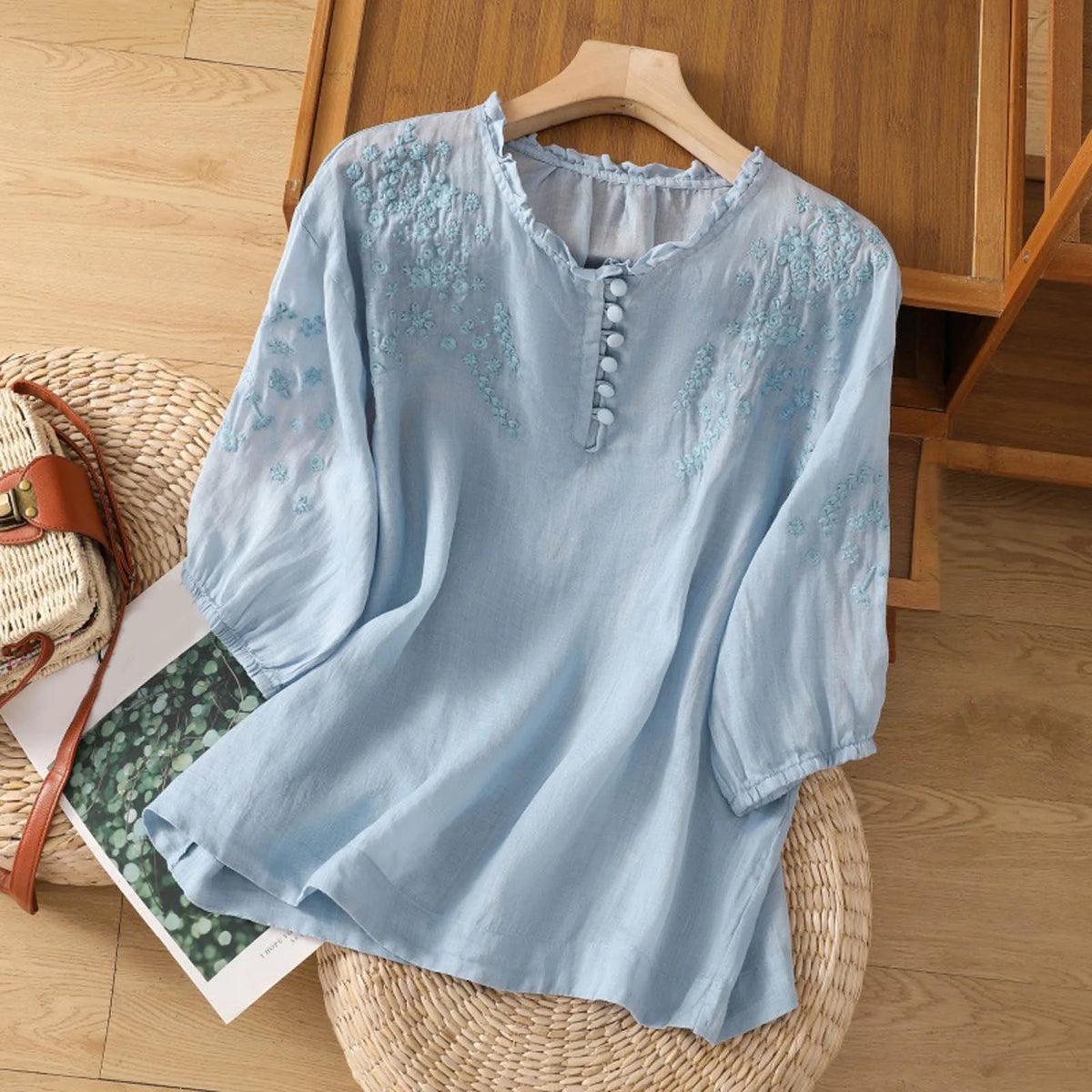 Women's Embroidered Blouse Boho Tunic Shirt Button Front