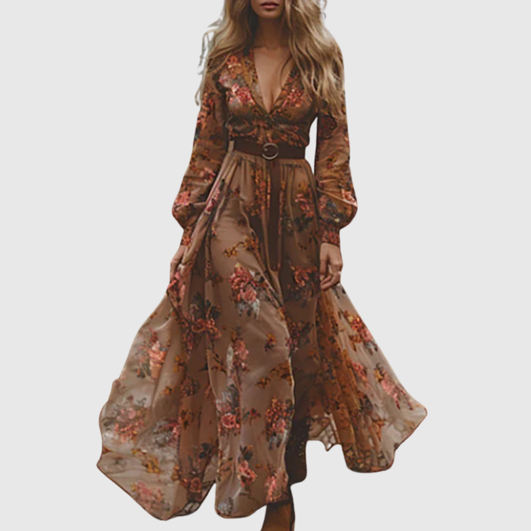 Women's Embroidered Boho Maxi Dress - Sheer Sleeves, Belted Waist, and Ruffle Hem