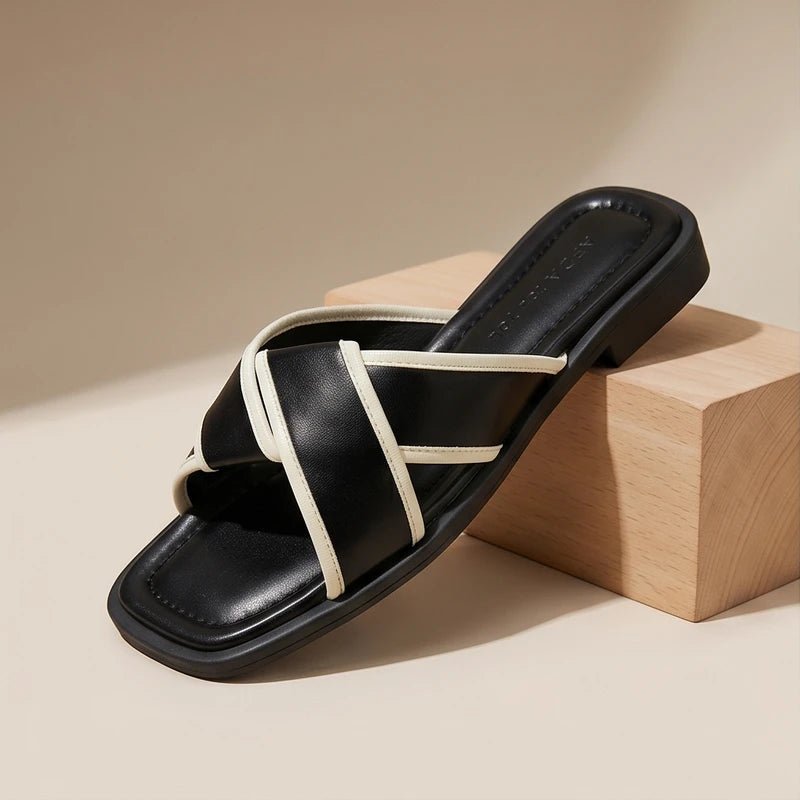 Women's Flat Slide Sandals - Contrast Piping and Crisscross Straps