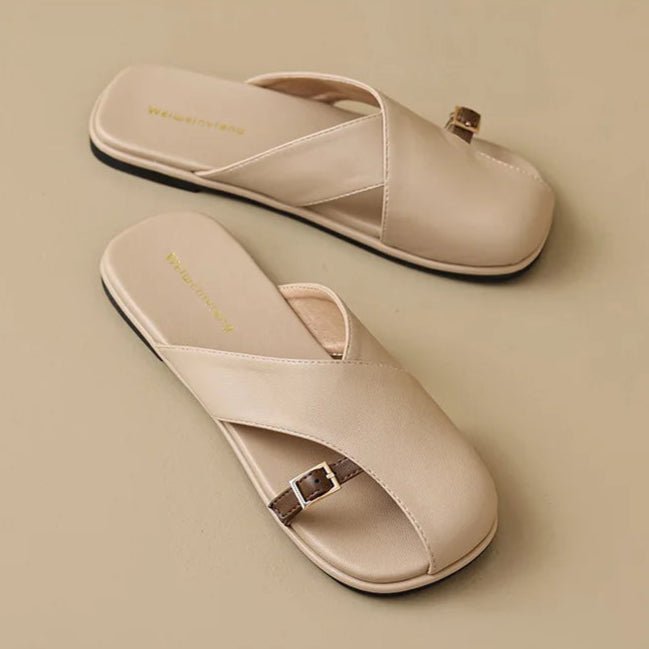 Women's Flat Slide Sandals - Crisscross Straps and Buckle Detail
