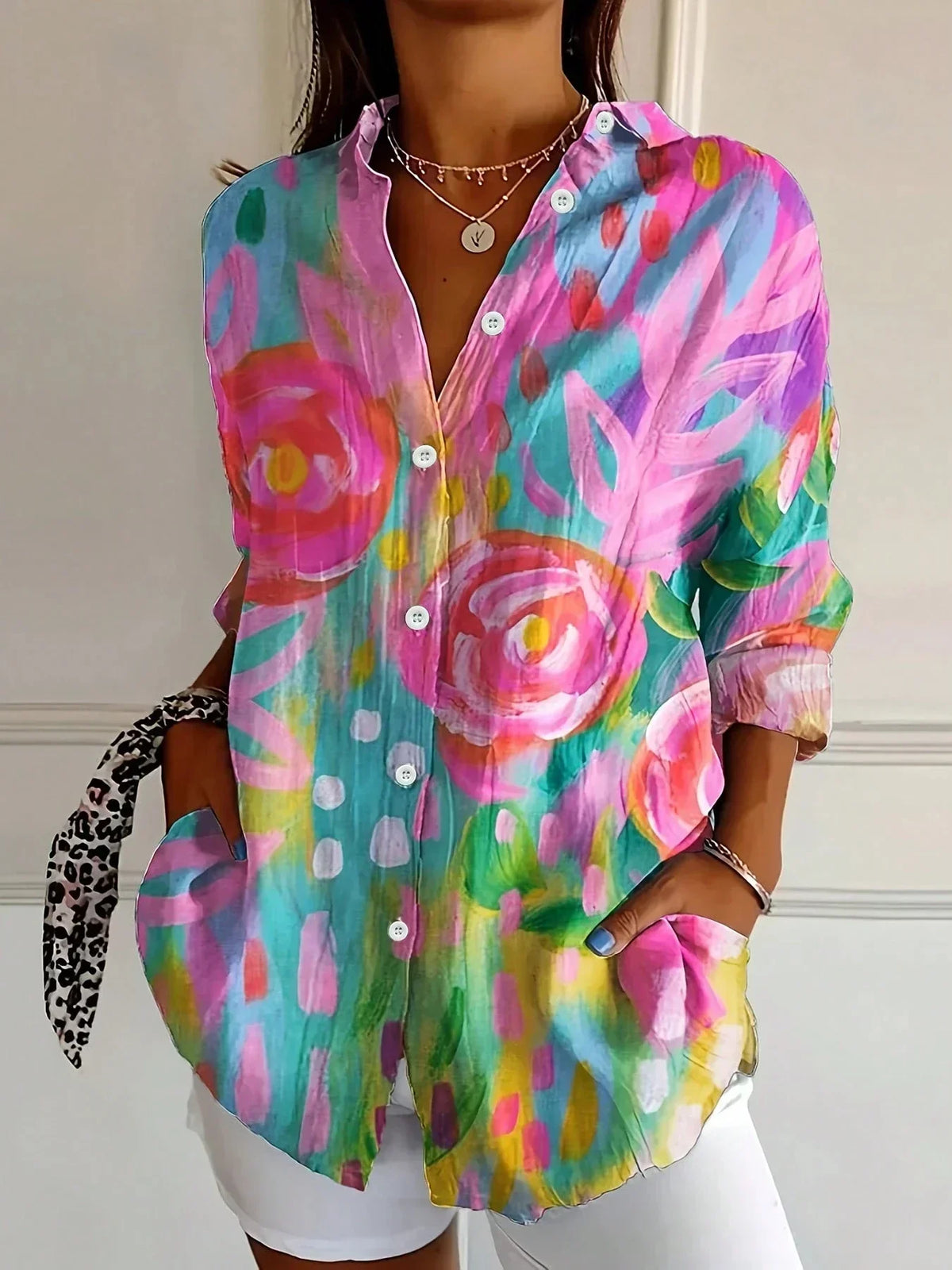 Women's Floral Blouse Printed Button Down Loose Fit Shirt