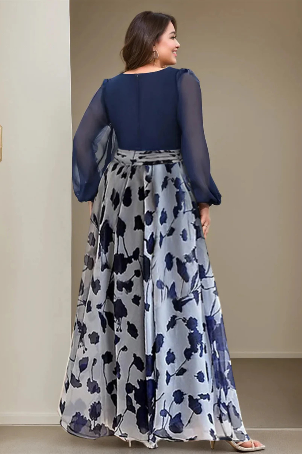 Women's Floral Maxi Dress Balloon Sleeve V Neck Wedding Guest