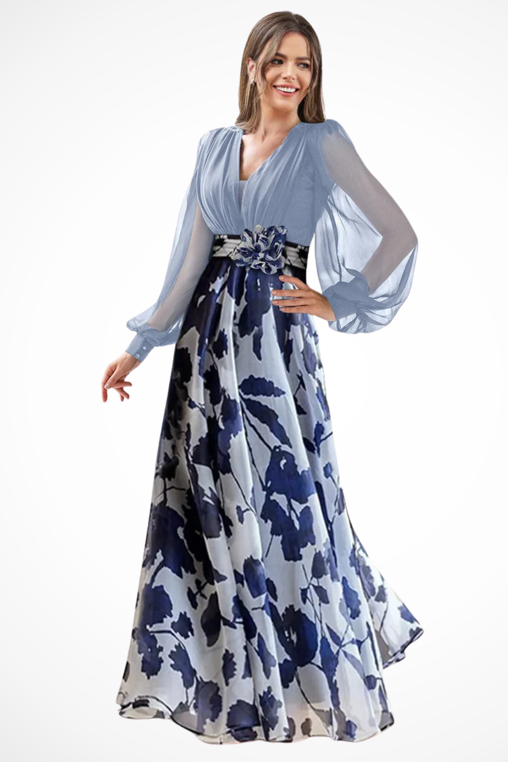 Women's Floral Maxi Dress Balloon Sleeve V Neck Wedding Guest