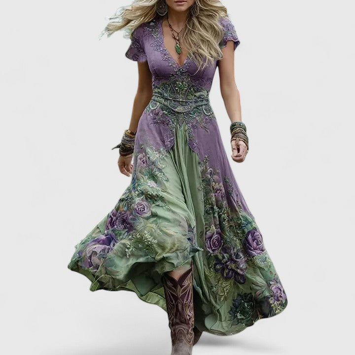 Women's Floral Maxi Dress V-Neck Flowy Summer