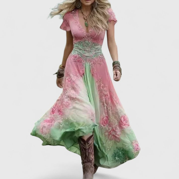 Women's Floral Maxi Dress V-Neck Flowy Summer