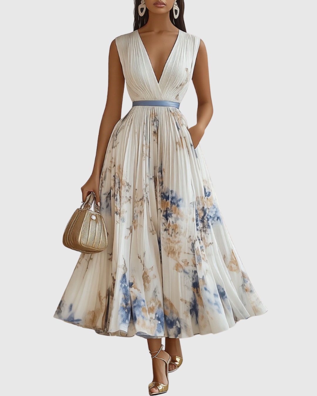 Women's Floral Plissé Midi Dress - V-Neck and Pleated Detail