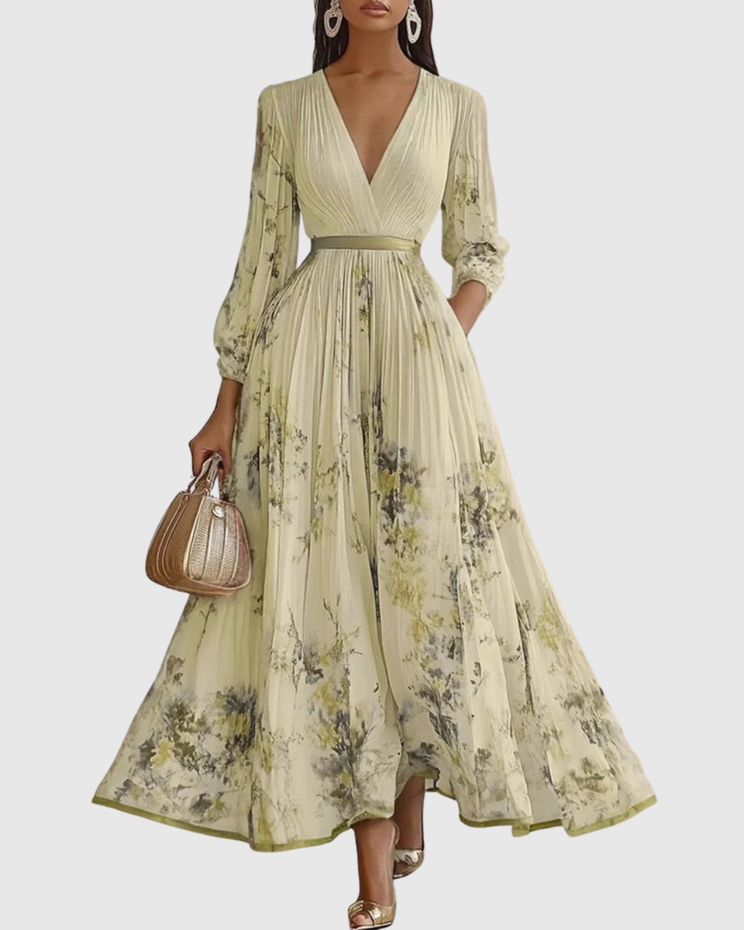 Women's Floral Plissé Midi Dress - V-Neck and Pleated Detail