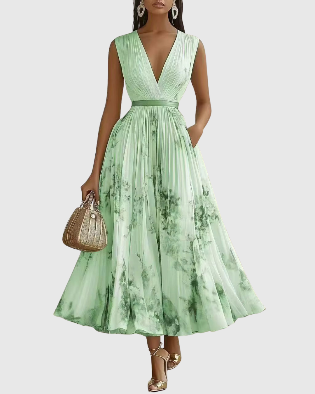 Women's Floral Plissé Midi Dress - V-Neck and Pleated Detail