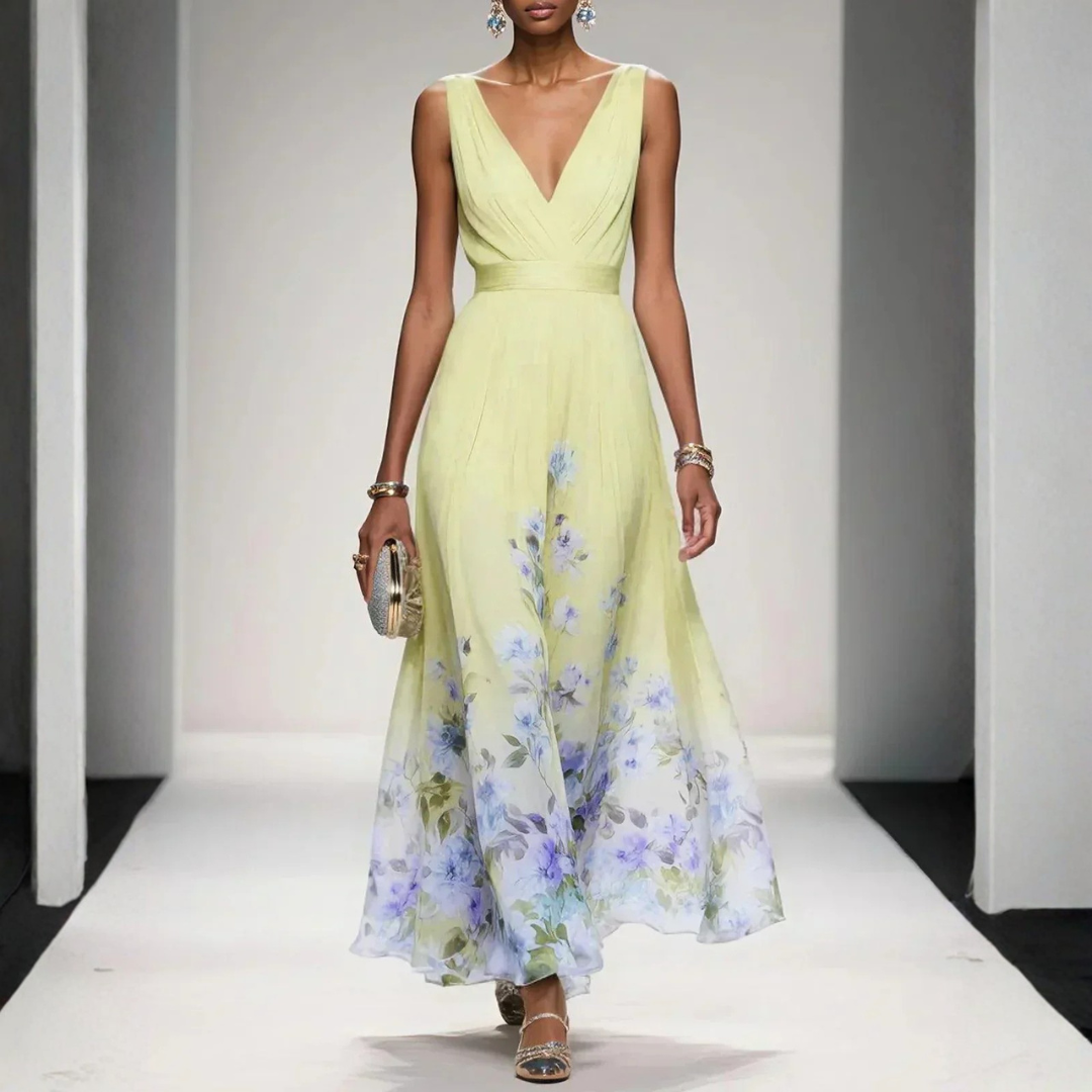 Women's Floral Print V-Neck Maxi Dress - Textured Ruched Bodice