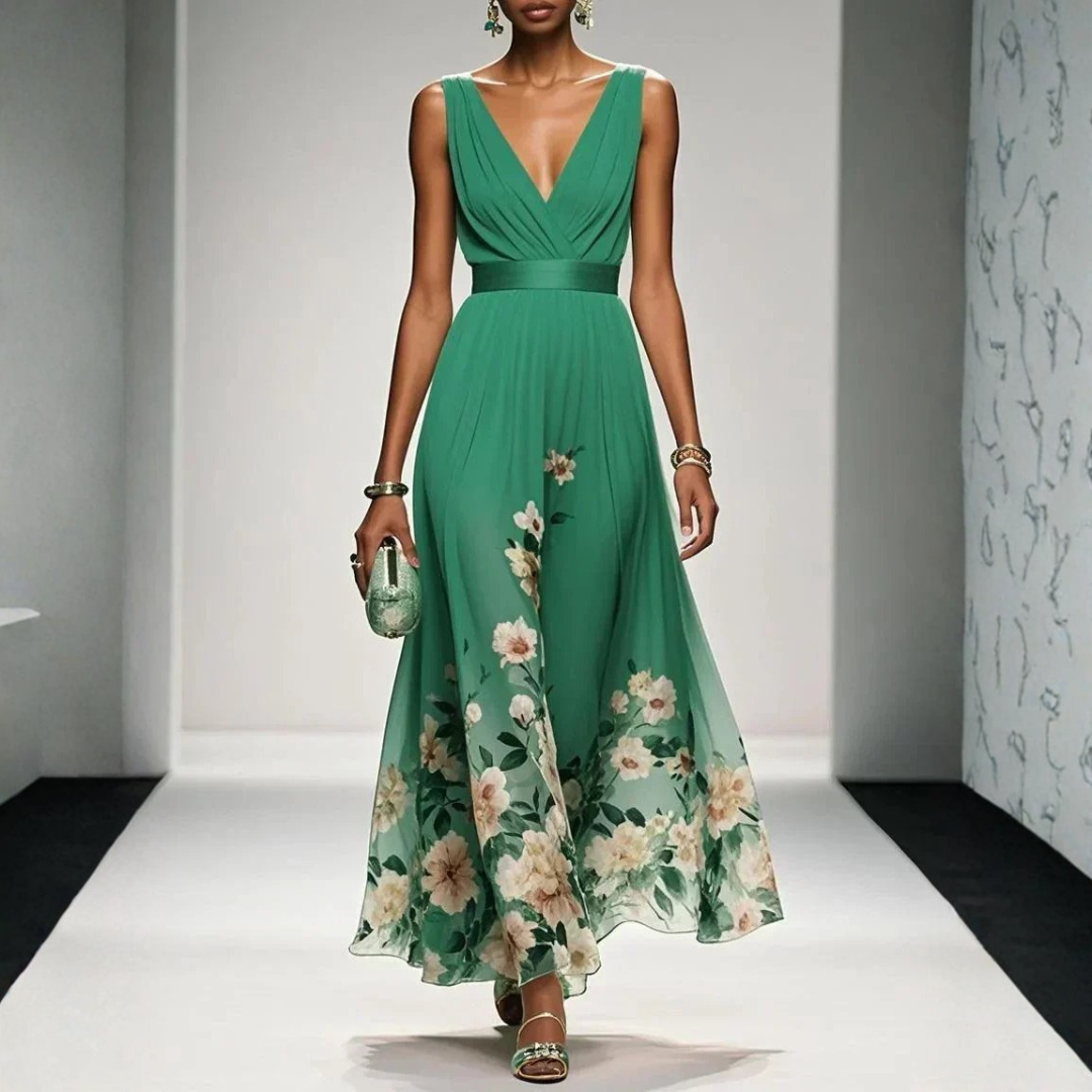 Women's Floral Print V-Neck Maxi Dress - Textured Ruched Bodice