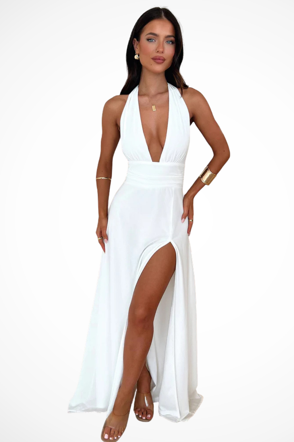 Women's Halter Neck Wedding Guest Maxi Dress - High Thigh Split Detail