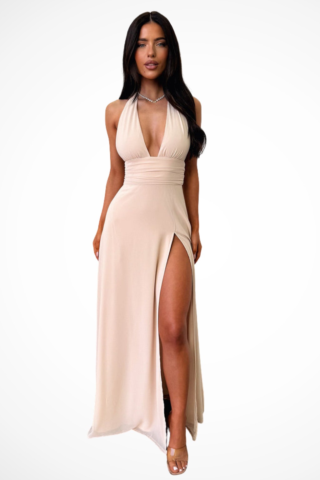 Women's Halter Neck Wedding Guest Maxi Dress - High Thigh Split Detail