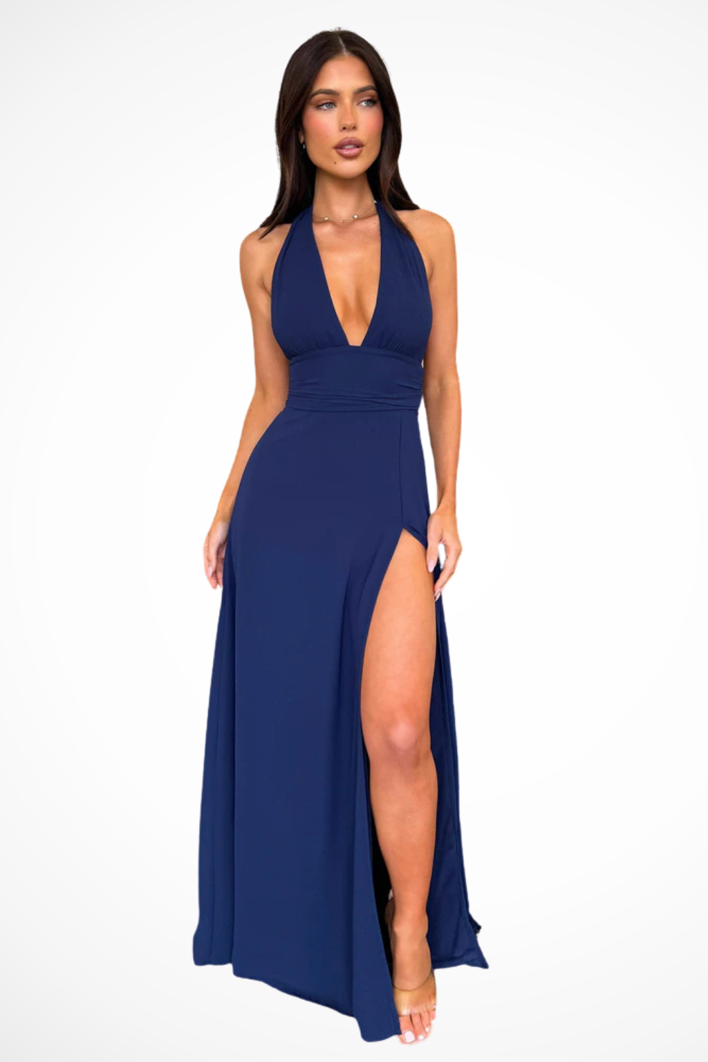 Women's Halter Neck Wedding Guest Maxi Dress - High Thigh Split Detail