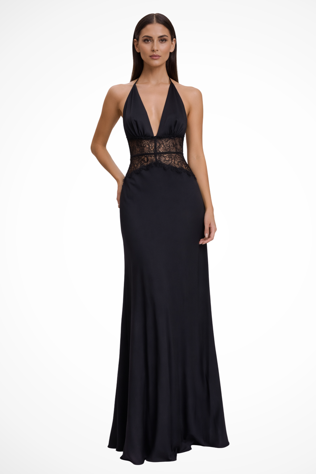 Women's Halter Neck Wedding Guest Maxi Dress - Sheer Lace Waist Detail
