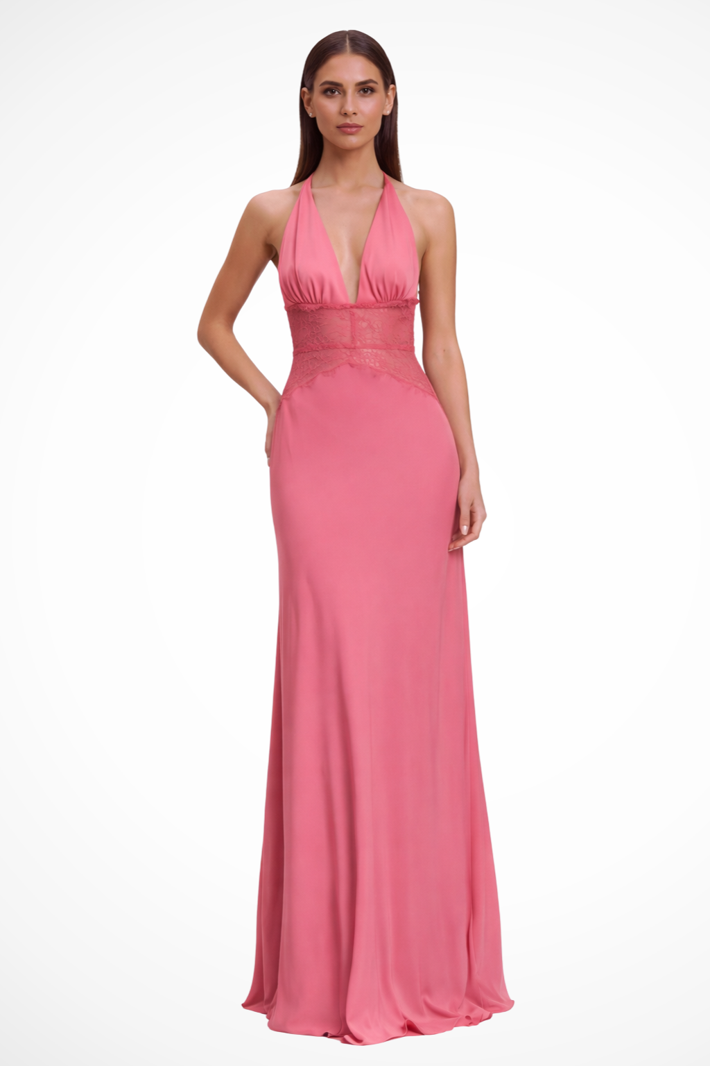 Women's Halter Neck Wedding Guest Maxi Dress - Sheer Lace Waist Detail