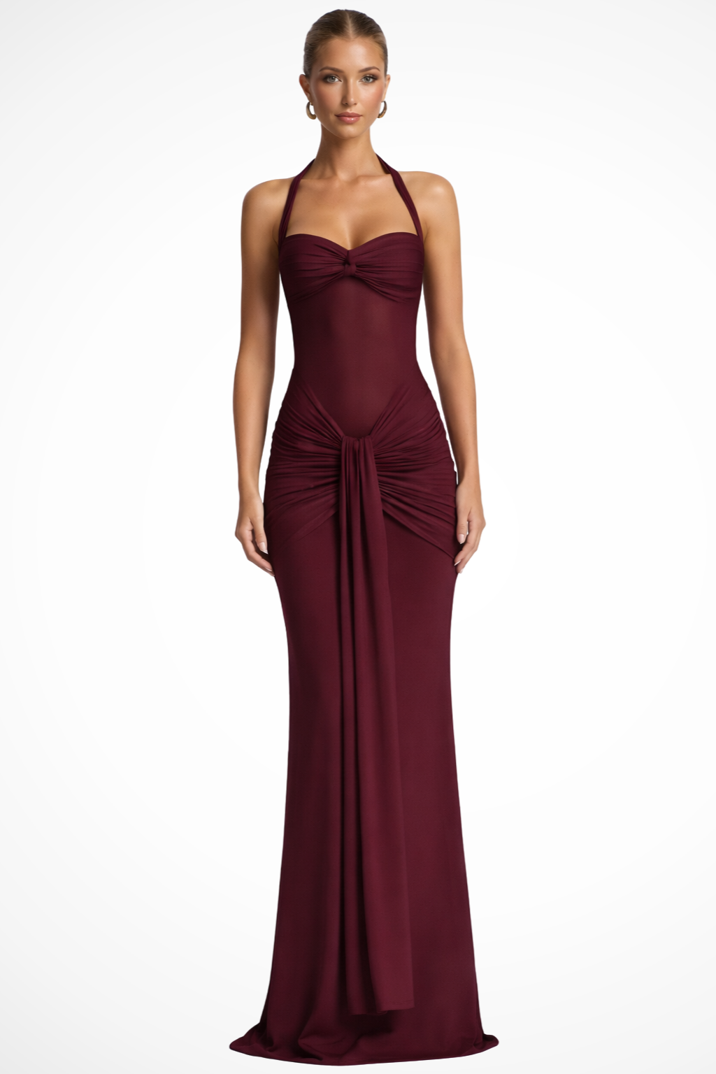Women's Halter Neck Wedding Guest Maxi Dress - Twist Front Bodice and Gathered Hip Detail