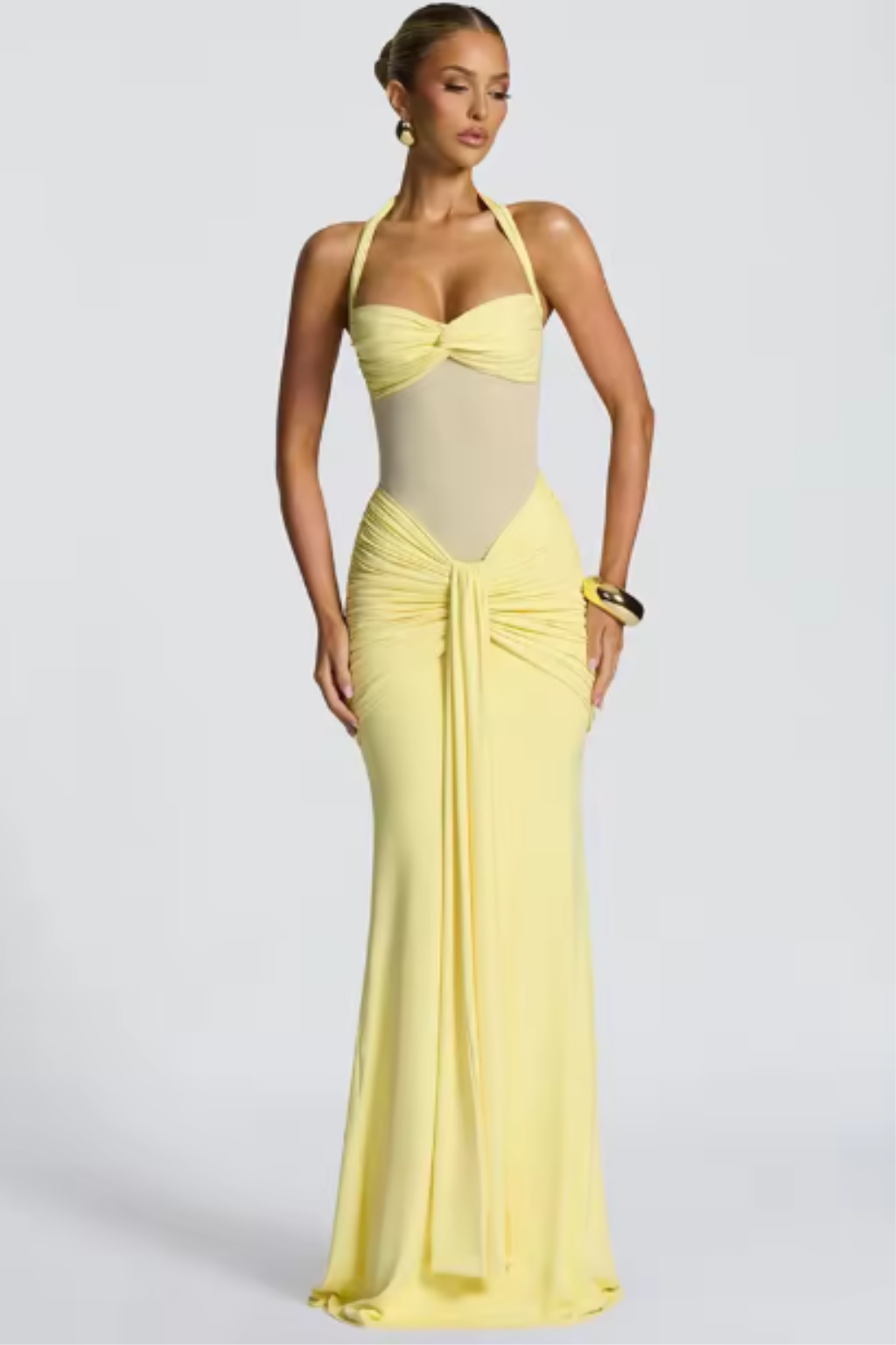 Women's Halter Neck Wedding Guest Maxi Dress - Twist Front Bodice and Gathered Hip Detail