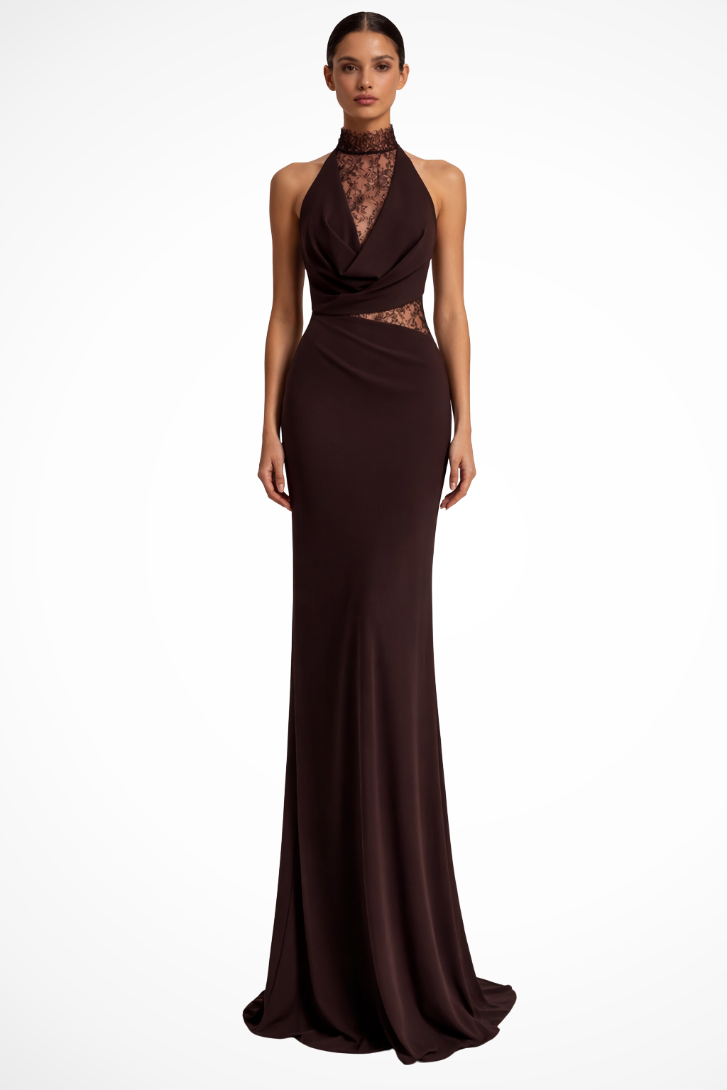 Women's Halter Neck Maxi Dress Lace Panel Wedding Guest Evening