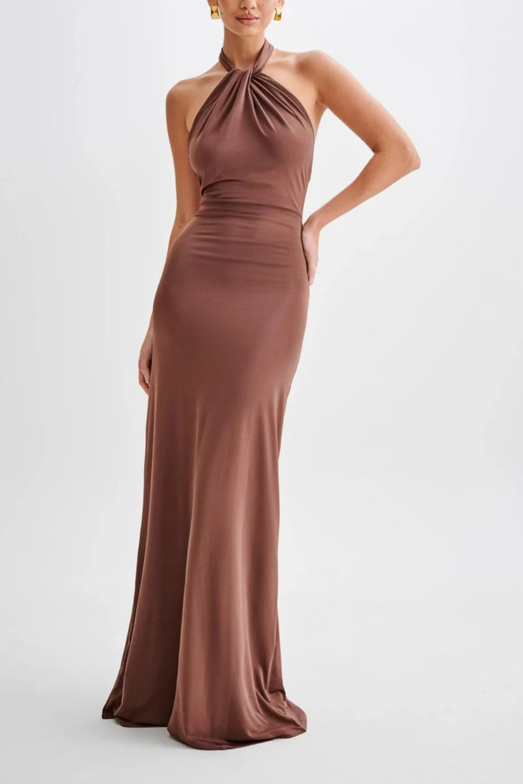 Women's Halter Neck Maxi Dress Twisted Knot Open Back Wedding Guest