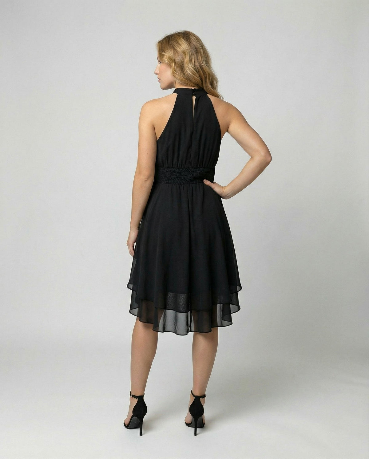Women's Halter Neck Mini Dress - Pleated Bodice and Layered Hem