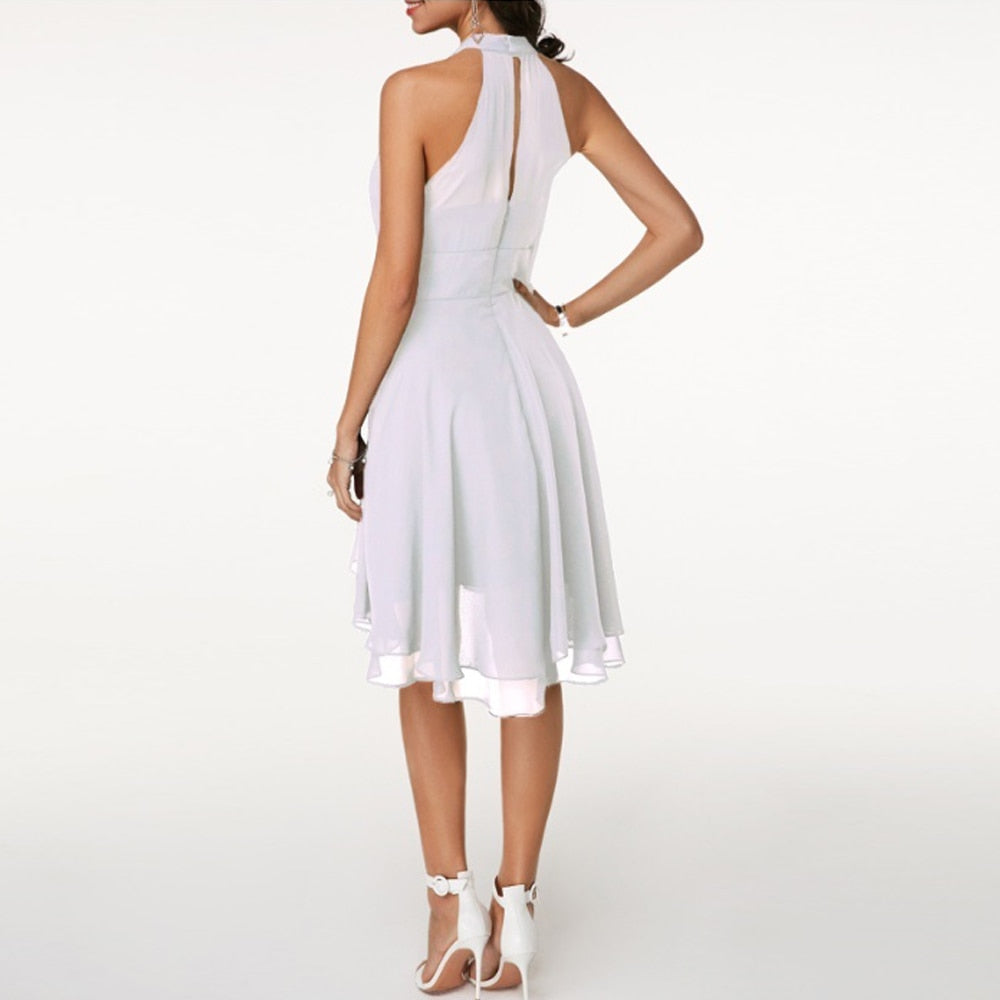 Women's Halter Neck Mini Dress - Pleated Bodice and Layered Hem