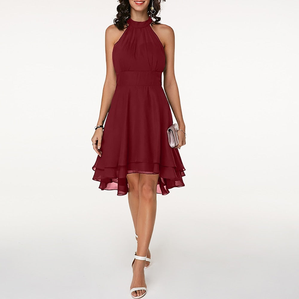 Women's Halter Neck Mini Dress - Pleated Bodice and Layered Hem