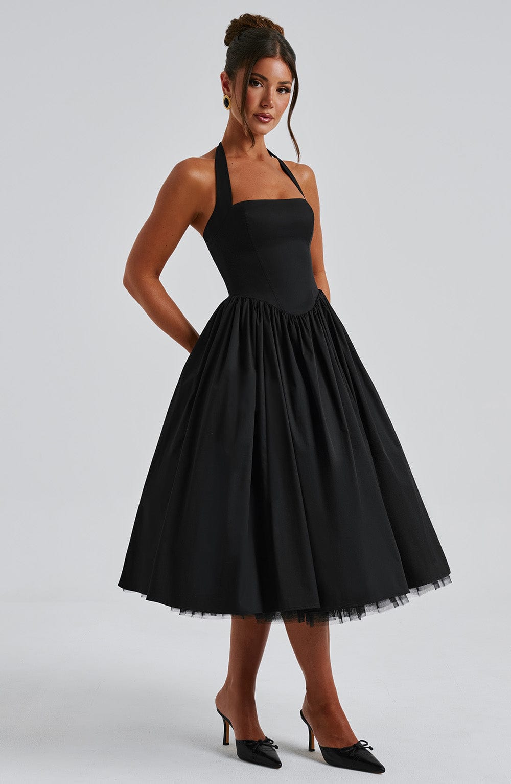 Women's Halter Pleated Midi Dress - Smocked Bodice